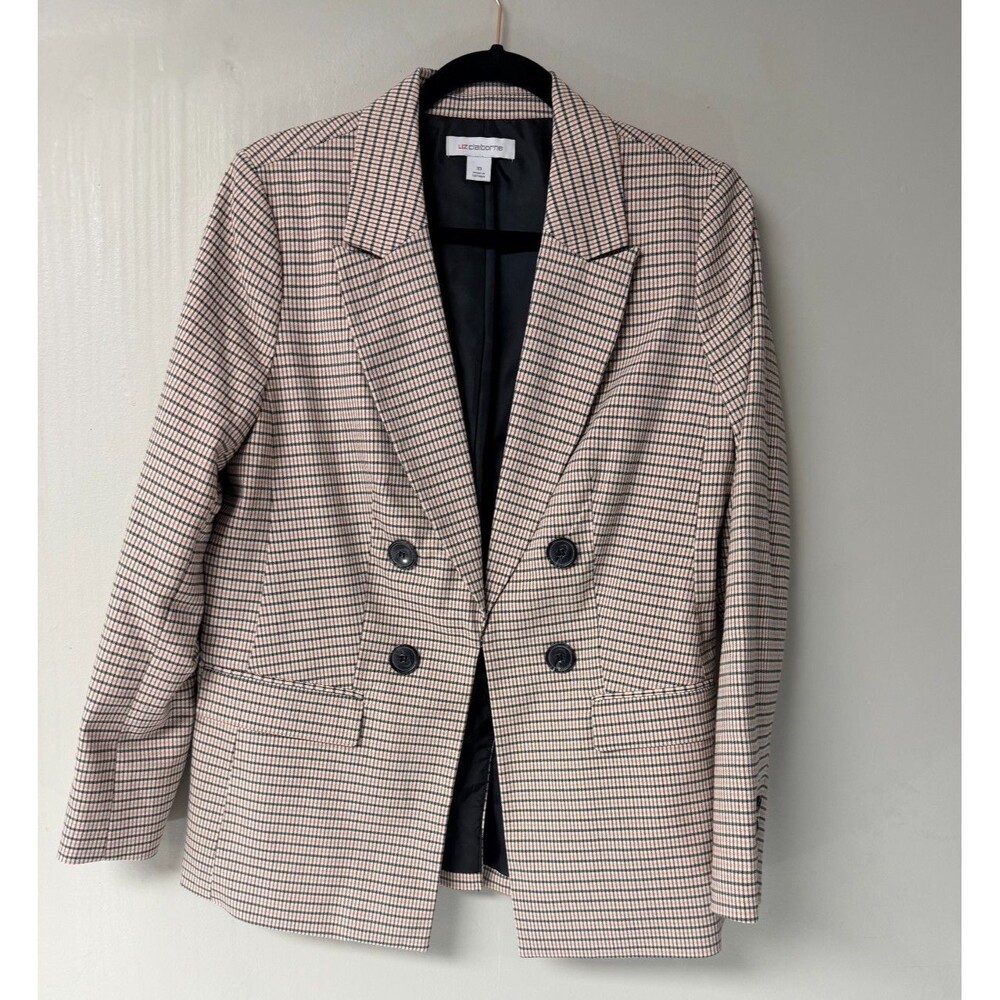 Liz Claiborne Womens 10 Double Breasted Blazer Plaid Check Career Jacket